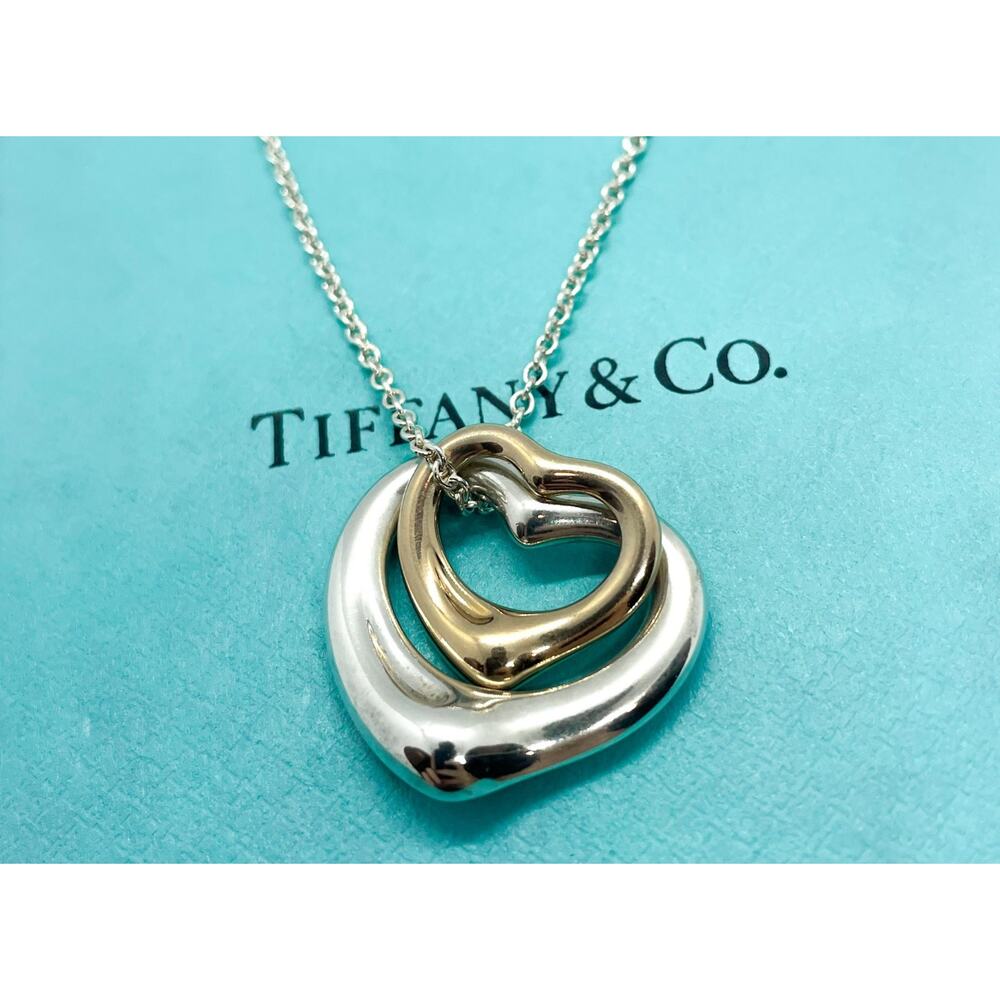LARGE Tiffany & Co Elsa Peretti Double Open Heart Pendant Necklace 18k & Silver - Picture 11 of 13